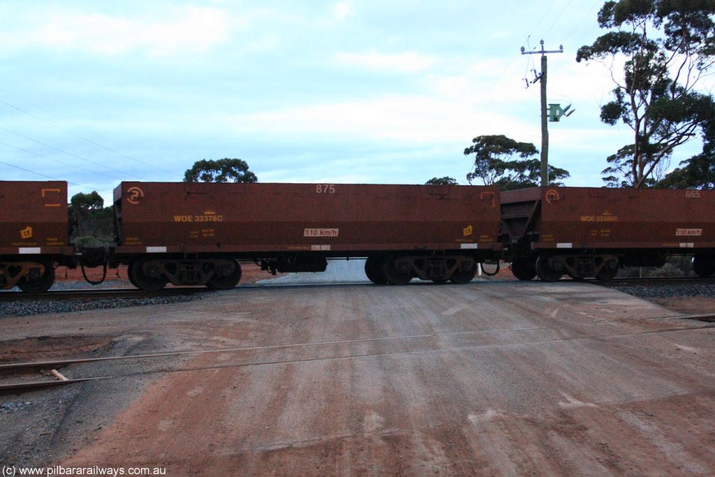 100822 6235
WOE type iron ore waggon WOE 33376 is one of a batch of one hundred and forty one built by United Goninan WA between November 2005 and April 2006 with serial number 950142-081 and fleet number 875 for Koolyanobbing iron ore operations, on empty train 1416 at Hampton, 22nd August 2010.
Keywords: WOE-type;WOE33376;United-Goninan-WA;950142-081;