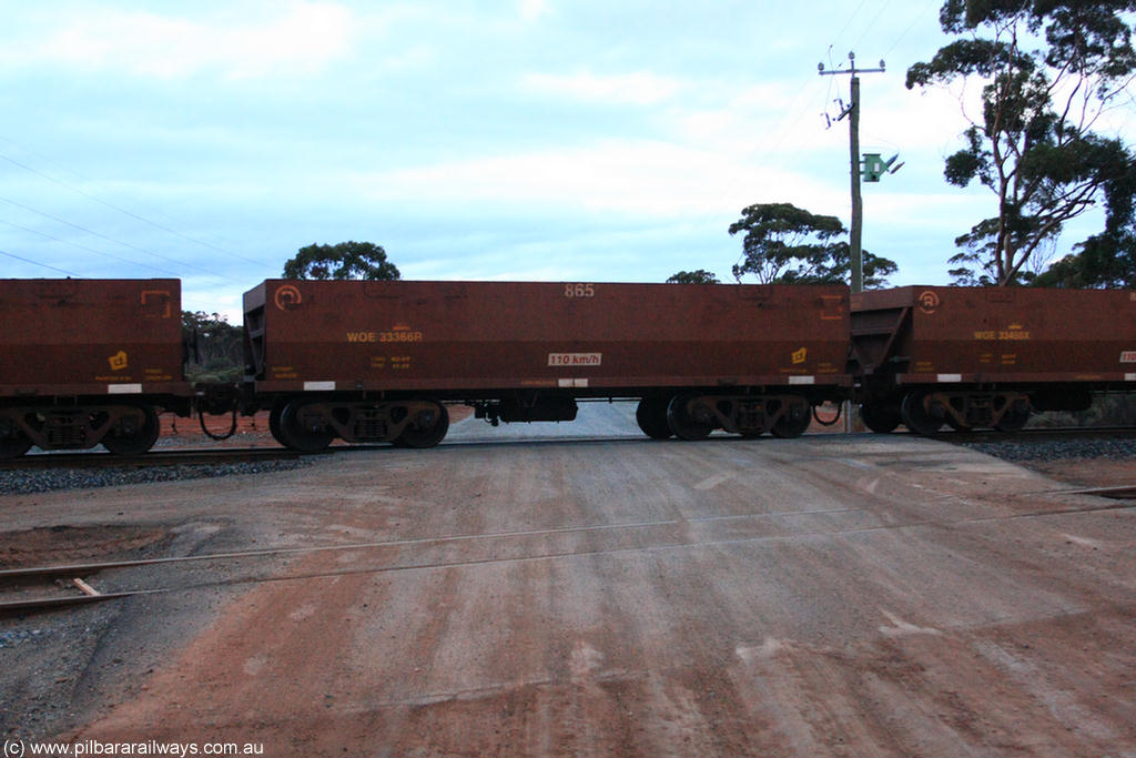 100822 6236
WOE type iron ore waggon WOE 33366 is one of a batch of one hundred and forty one built by United Goninan WA between November 2005 and April 2006 with serial number 950142-071 and fleet number 865 for Koolyanobbing iron ore operations, on empty train 1416 at Hampton, 22nd August 2010.
Keywords: WOE-type;WOE33366;United-Goninan-WA;950142-071;
