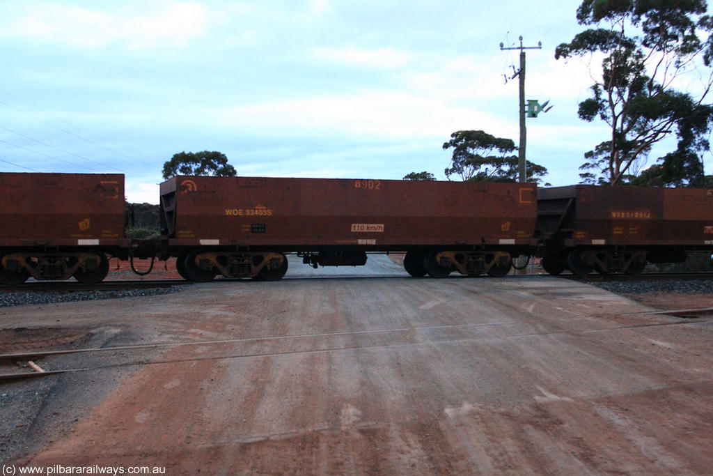 100822 6241
WOE type iron ore waggon WOE 33403 is one of a batch of one hundred and forty one built by United Group Rail WA between November 2005 and April 2006 with serial number 950142-108 and fleet number 8902 for Koolyanobbing iron ore operations, on empty train 1416 at Hampton, 22nd August 2010.
Keywords: WOE-type;WOE33403;United-Group-Rail-WA;950142-108;