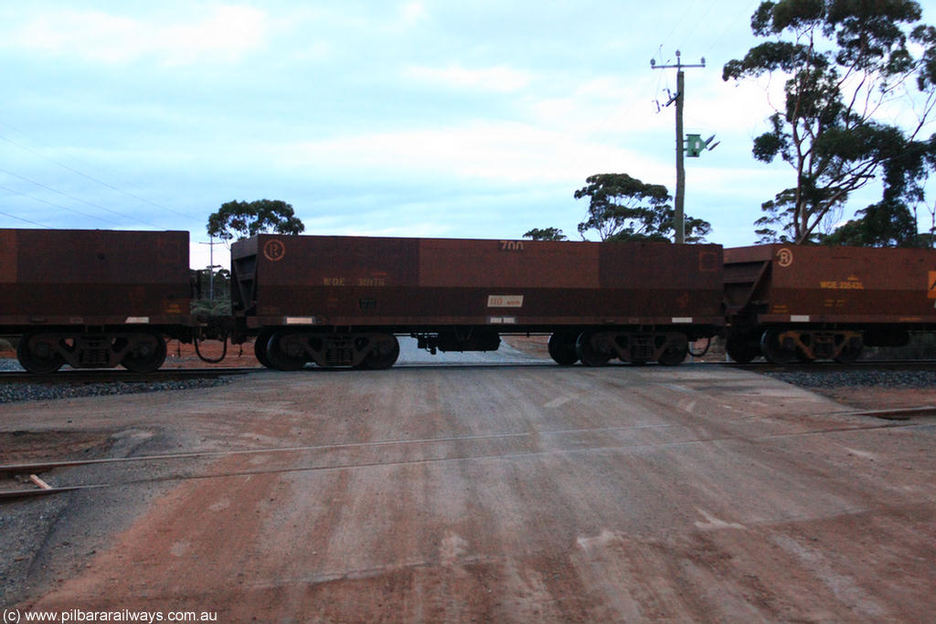100822 6243
WOE type iron ore waggon WOE 31117 is one of a batch of one hundred and thirty built by Goninan WA between March and August 2001 with serial number 950092-107 and fleet number 700 for Koolyanobbing iron ore operations, on empty train 1416 at Hampton, 22nd August 2010.
Keywords: WOE-type;WOE31117;Goninan-WA;950092-107;