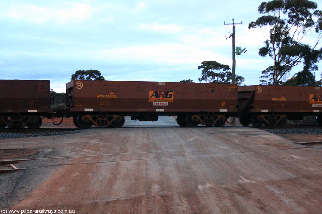 100822 6244
WOE type iron ore waggon WOE 33543 is one of a batch of one hundred and twenty eight built by United Group Rail WA between August 2008 and March 2009 with serial number 950211-083 and fleet number 9033 for Koolyanobbing iron ore operations, on empty train 1416 at Hampton, 22nd August 2010.
Keywords: WOE-type;WOE33543;United-Group-Rail-WA;950211-083;