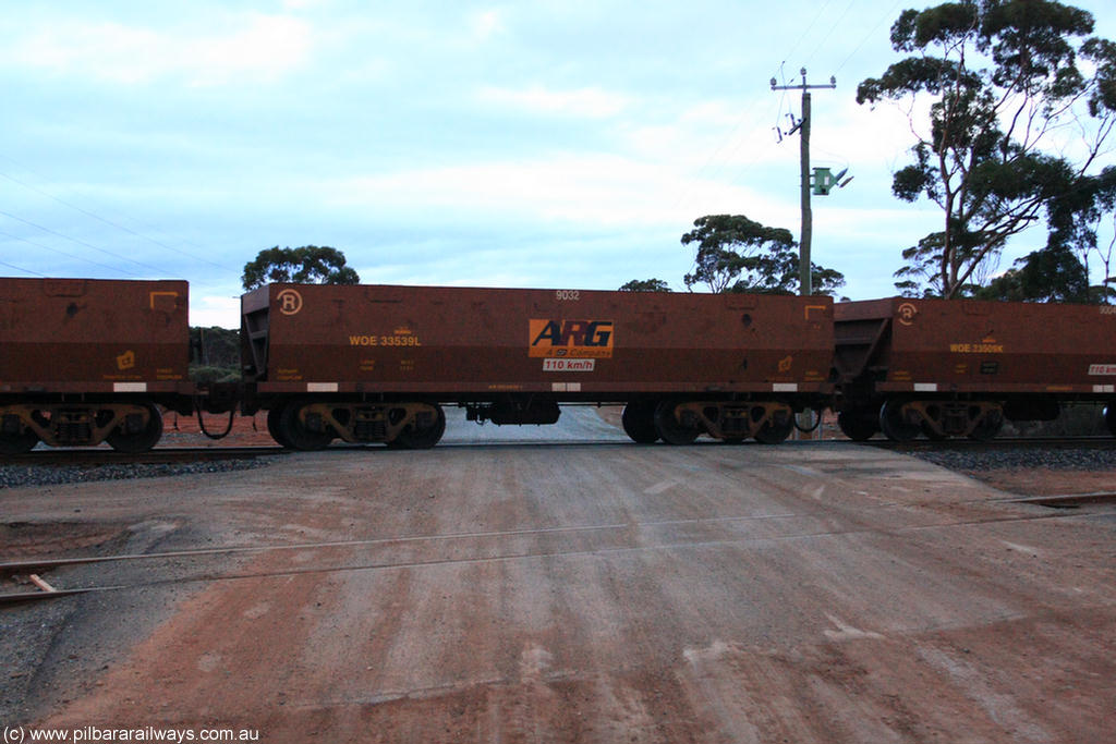 100822 6245
WOE type iron ore waggon WOE 33539 is one of a batch of one hundred and twenty eight built by United Group Rail WA between August 2008 and March 2009 with serial number 950211-079 and fleet number 9032 for Koolyanobbing iron ore operations, on empty train 1416 at Hampton, 22nd August 2010.
Keywords: WOE-type;WOE33539;United-Group-Rail-WA;950211-079;