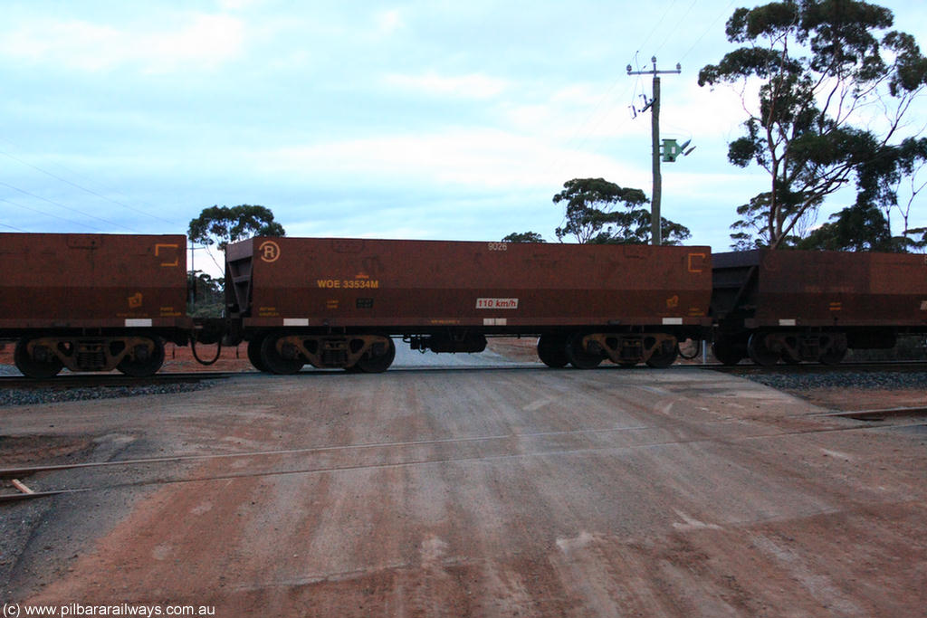 100822 6247
WOE type iron ore waggon WOE 33534 is one of a batch of one hundred and twenty eight built by United Group Rail WA between August 2008 and March 2009 with serial number 950211-074 and fleet number 9026 for Koolyanobbing iron ore operations, on empty train 1416 at Hampton, 22nd August 2010.
Keywords: WOE-type;WOE33534;United-Group-Rail-WA;950211-074;