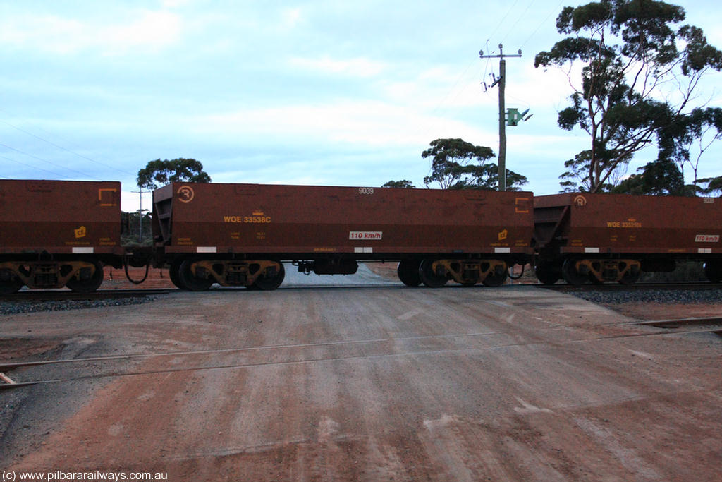 100822 6251
WOE type iron ore waggon WOE 33538 is one of a batch of one hundred and twenty eight built by United Group Rail WA between August 2008 and March 2009 with serial number 950211-078 and fleet number 9039 for Koolyanobbing iron ore operations, on empty train 1416 at Hampton, 22nd August 2010.
Keywords: WOE-type;WOE33538;United-Group-Rail-WA;950211-078;