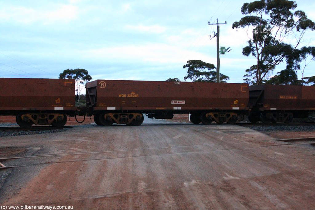 100822 6253
WOE type iron ore waggon WOE 33528 is one of a batch of one hundred and twenty eight built by United Group Rail WA between August 2008 and March 2009 with serial number 950211-068 and fleet number 9018 for Koolyanobbing iron ore operations, on empty train 1416 at Hampton, 22nd August 2010.
Keywords: WOE-type;WOE33528;United-Group-Rail-WA;950211-068;