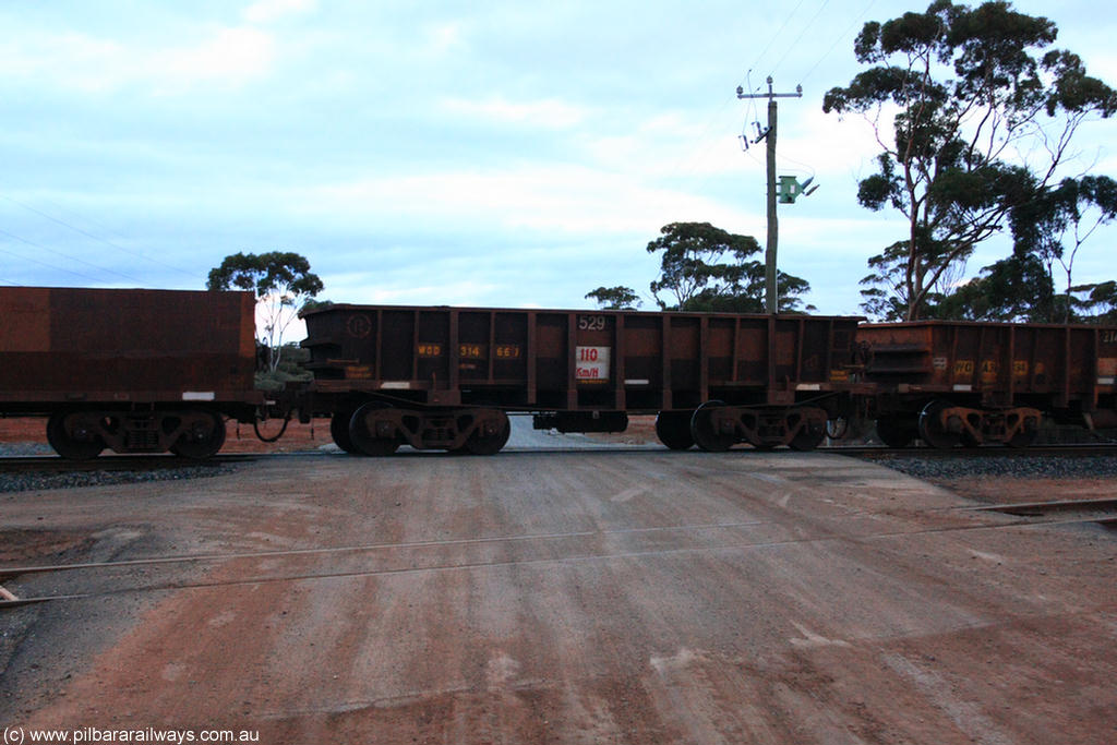 100822 6256
WOD type iron ore waggon WOD 31466 is one of a batch of sixty two built by Goninan WA between April and August 2000 with serial number 950086-038 and fleet number 529 for Koolyanobbing iron ore operations with a 75 ton capacity for Portman Mining to cart their Koolyanobbing iron ore to Esperance, now with PORTMAN painted out, on empty train 1416 at Hampton, 22nd August 2010.
Keywords: WOD-type;WOD31466;Goninan-WA;950086-038;