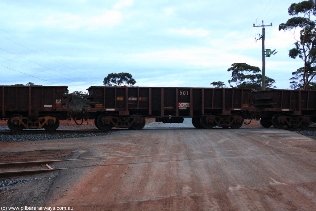 100822 6258
WOD type iron ore waggon WOD 31300 is one of a batch of sixty two built by Goninan WA between April and August 2000 with serial number 950086-011 and fleet number 501 for Koolyanobbing iron ore operations with a 75 ton capacity and a replacement for a WO type waggon number, for Portman Mining to cart their Koolyanobbing iron ore to Esperance, on empty train 1416 at Hampton, 22nd August 2010.
Keywords: WOD-type;WOD31300;Goninan-WA;950086-011;