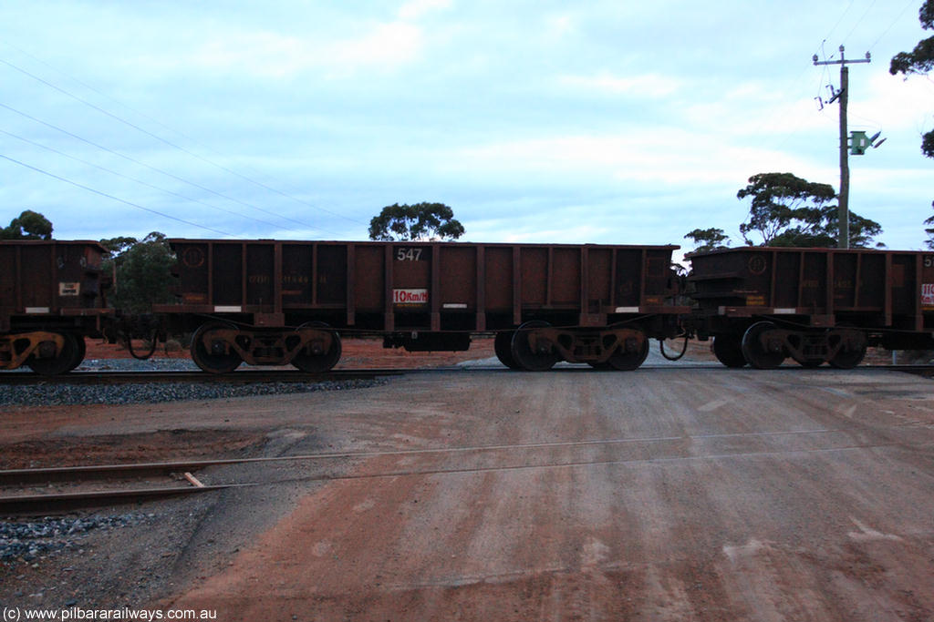 100822 6263
WOD type iron ore waggon WOD 31484 is one of a batch of sixty two built by Goninan WA between April and August 2000 with serial number 950086-056 and fleet number 547 for Koolyanobbing iron ore operations with a 75 ton capacity build date 07/2000, for Portman Mining to cart their Koolyanobbing iron ore to Esperance, now with PORTMAN painted out, on empty train 1416 at Hampton, 22nd August 2010.
Keywords: WOD-type;WOD31484;Goninan-WA;950086-056;