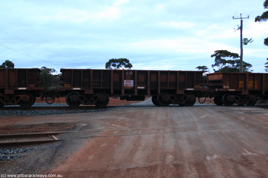 100822 6264
WOD type iron ore waggon WOD 31455 is one of a batch of sixty two built by Goninan WA between April and August 2000 with serial number 950086-027 and fleet number 518 for Koolyanobbing iron ore operations with a 75 ton capacity for Portman Mining to cart their Koolyanobbing iron ore to Esperance, now with PORTMAN painted out, on empty train 1416 at Hampton, 22nd August 2010.
Keywords: WOD-type;WOD31455;Goninan-WA;950086-027;