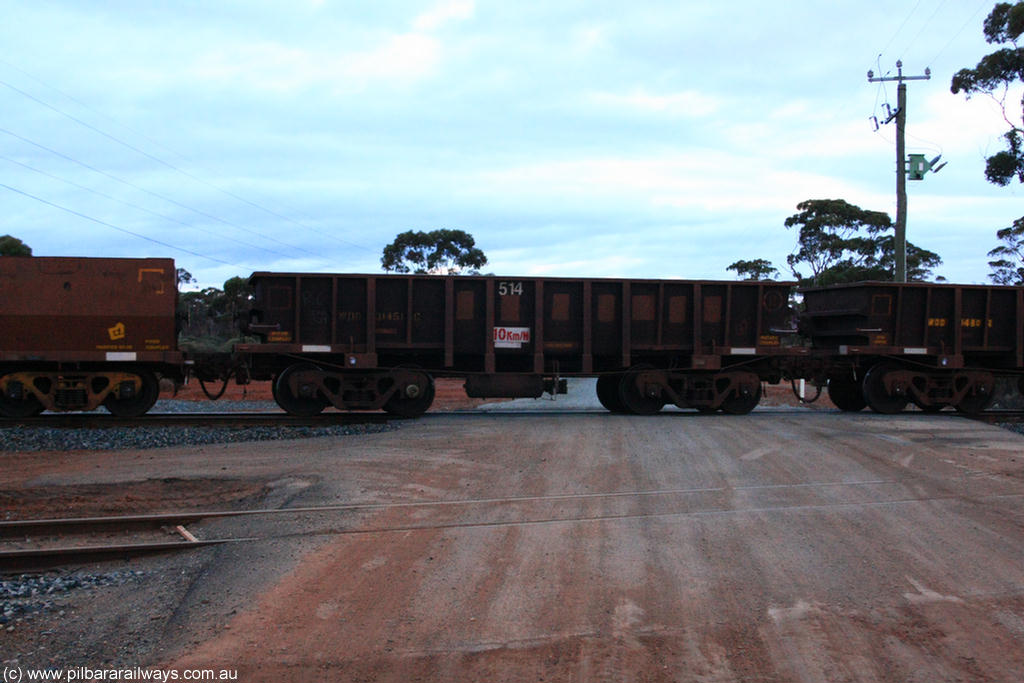 100822 6267
WOD type iron ore waggon WOD 31451 is one of a batch of sixty two built by Goninan WA between April and August 2000 with serial number 950086-023 and fleet number 514 for Koolyanobbing iron ore operations with a 75 ton capacity for Portman Mining to cart their Koolyanobbing iron ore to Esperance, now with PORTMAN painted out, on empty train 1416 at Hampton, 22nd August 2010.
Keywords: WOD-type;WOD31451;Goninan-WA;950086-023;