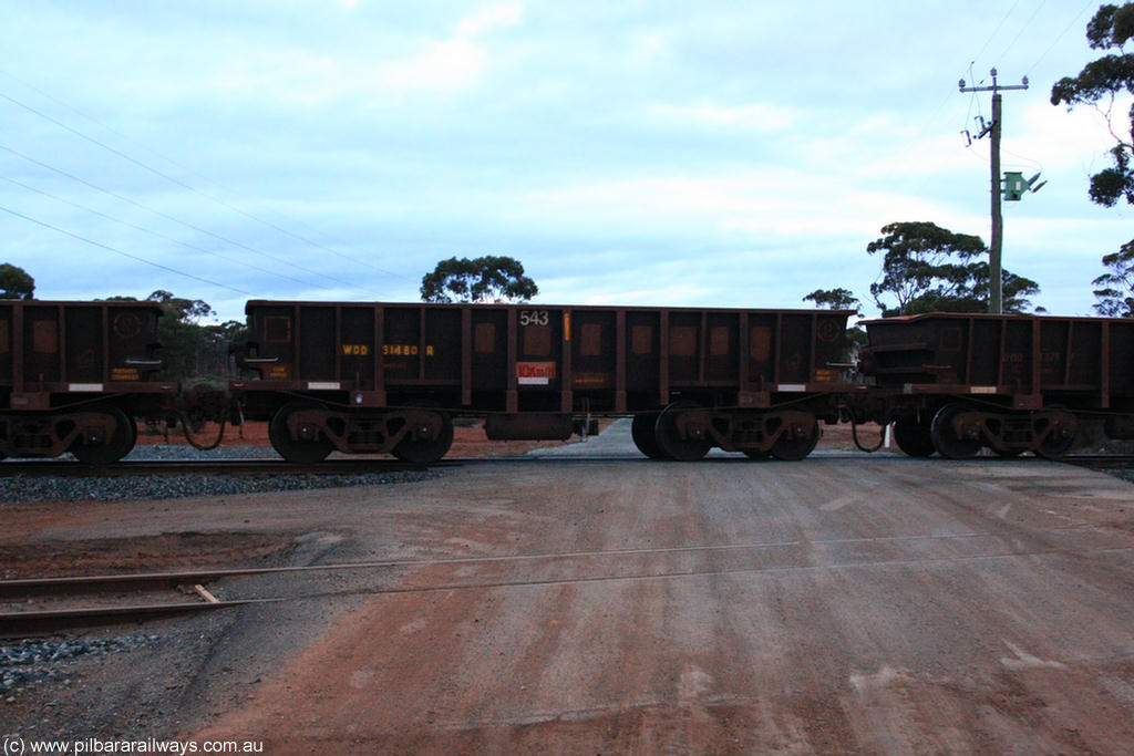 100822 6268
WOD type iron ore waggon WOD 31480 is one of a batch of sixty two built by Goninan WA between April and August 2000 with serial number 950086-052 and fleet number 543 for Koolyanobbing iron ore operations with a 75 ton capacity for Portman Mining to cart their Koolyanobbing iron ore to Esperance, now with PORTMAN painted out, on empty train 1416 at Hampton, 22nd August 2010.
Keywords: WOD-type;WOD31480;Goninan-WA;950086-052;
