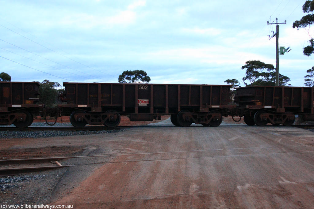 100822 6269
WOD type iron ore waggon WOD 31324 is one of a batch of sixty two built by Goninan WA between April and August 2000 with serial number 950086-012 and fleet number 502 for Koolyanobbing iron ore operations with a 75 ton capacity and a replacement for a WO type waggon number, for Portman Mining to cart their Koolyanobbing iron ore to Esperance, on empty train 1416 at Hampton, 22nd August 2010.
Keywords: WOD-type;WOD31324;Goninan-WA;950086-012;