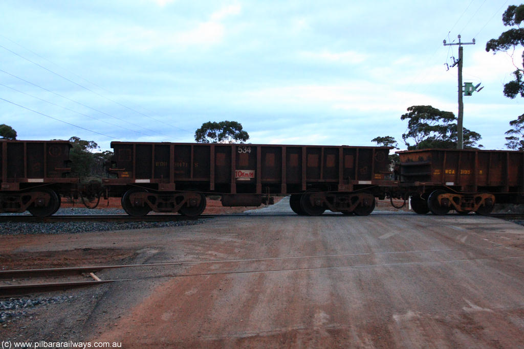 100822 6270
WOD type iron ore waggon WOD 31471 is one of a batch of sixty two built by Goninan WA between April and August 2000 with serial number 950086-043 and fleet number 534 for Koolyanobbing iron ore operations with a 75 ton capacity for Portman Mining to cart their Koolyanobbing iron ore to Esperance, now with PORTMAN painted out, on empty train 1416 at Hampton, 22nd August 2010.
Keywords: WOD-type;WOD31471;Goninan-WA;950086-043;