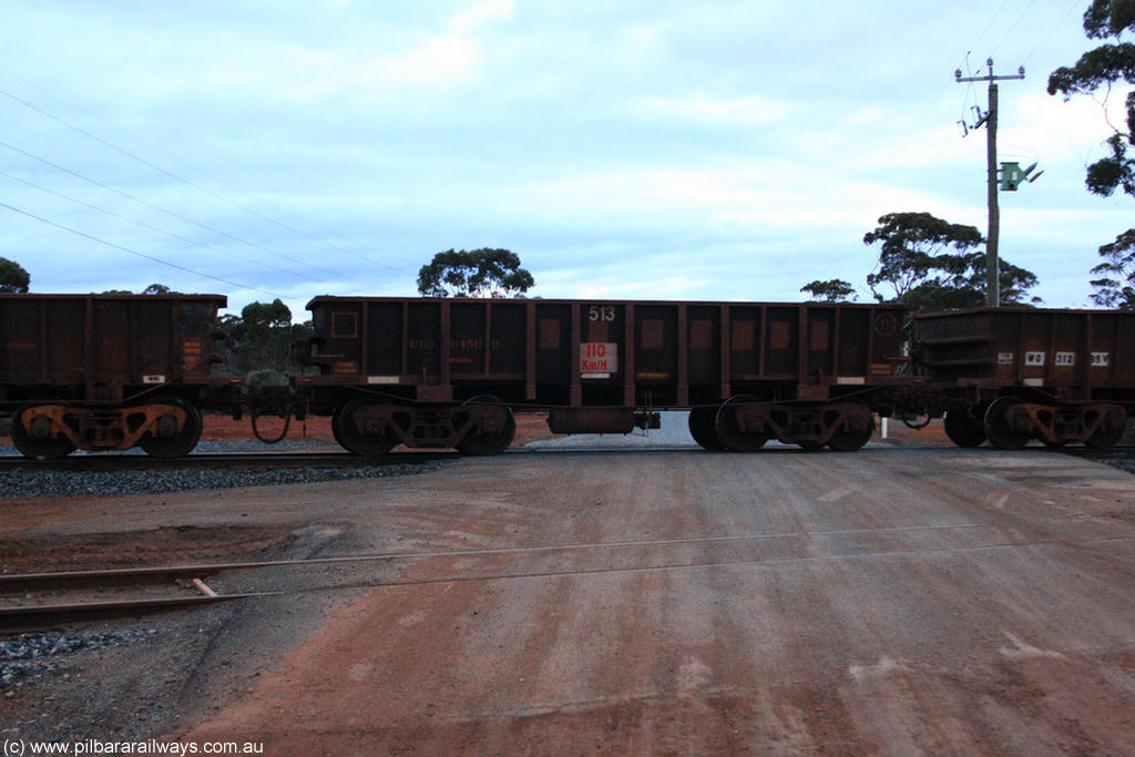 100822 6273
WOD type iron ore waggon WOD 31450 is one of a batch of sixty two built by Goninan WA between April and August 2000 with serial number 950086-022 and fleet number 513 for Koolyanobbing iron ore operations with a 75 ton capacity for Portman Mining to cart their Koolyanobbing iron ore to Esperance, now with PORTMAN painted out, on empty train 1416 at Hampton, 22nd August 2010.
Keywords: WOD-type;WOD31450;Goninan-WA;950086-022;