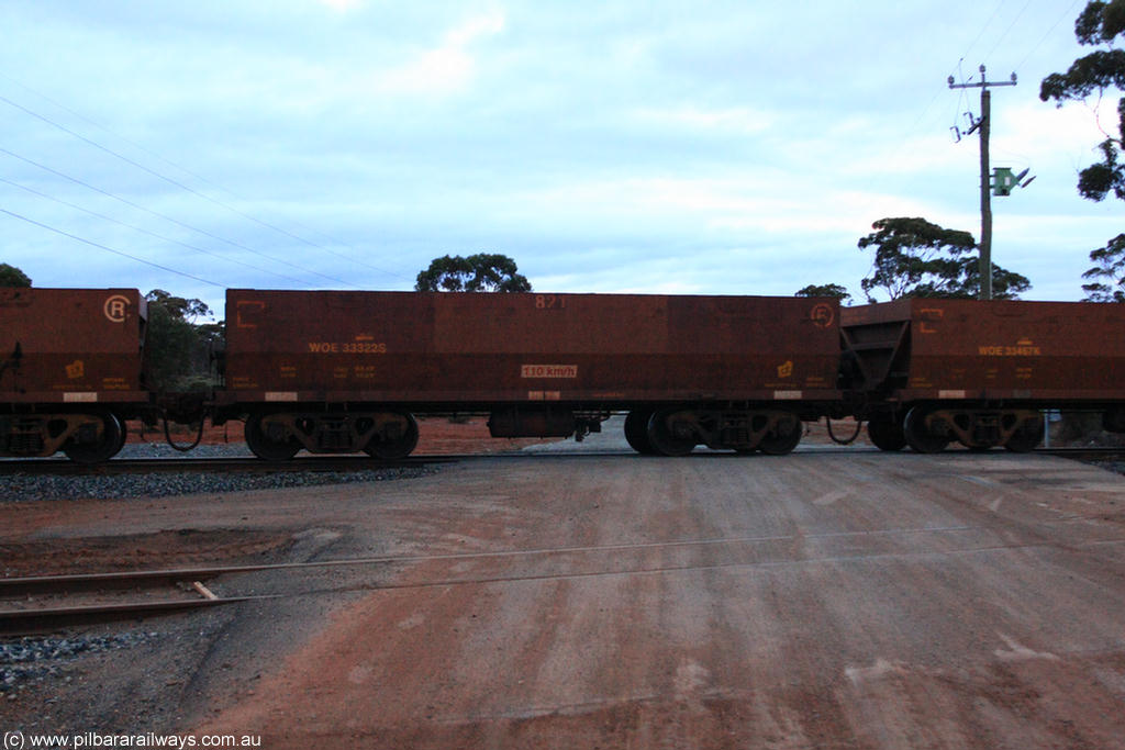 100822 6283
WOE type iron ore waggon WOE 33322 is one of a batch of one hundred and forty one built by United Goninan WA between November 2005 and April 2006 with serial number 950142-027 and fleet number 821 for Koolyanobbing iron ore operations, on empty train 1416 at Hampton, 22nd August 2010.
Keywords: WOE-type;WOE33322;United-Goninan-WA;950142-027;