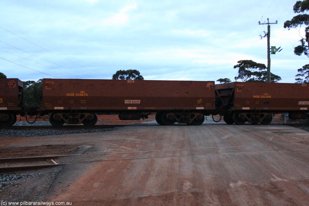 100822 6284
WOE type iron ore waggon WOE 33467 is one of a batch of one hundred and twenty eight built by United Group Rail WA between August 2008 and March 2009 with serial number 950211-009 and fleet number 8974 for Koolyanobbing iron ore operations, on empty train 1416 at Hampton, 22nd August 2010.
Keywords: WOE-type;WOE33467;United-Group-Rail-WA;950211-009;