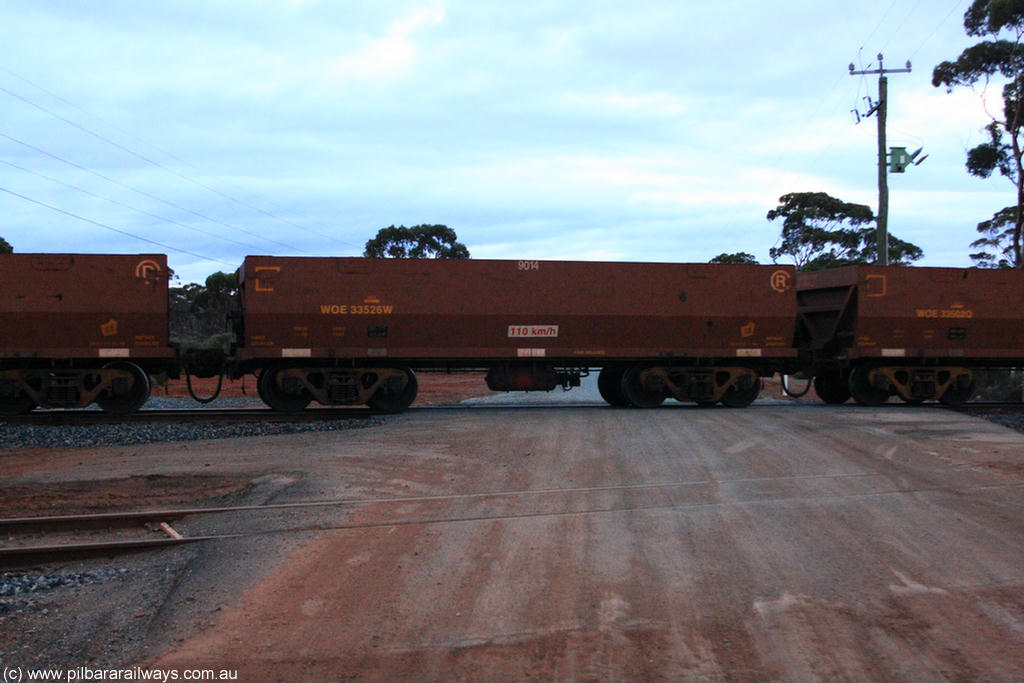 100822 6285
WOE type iron ore waggon WOE 33526 is one of a batch of one hundred and twenty eight built by United Group Rail WA between August 2008 and March 2009 with serial number 950211-066 and fleet number 9014 for Koolyanobbing iron ore operations, on empty train 1416 at Hampton, 22nd August 2010.
Keywords: WOE-type;WOE33526;United-Group-Rail-WA;950211-066;
