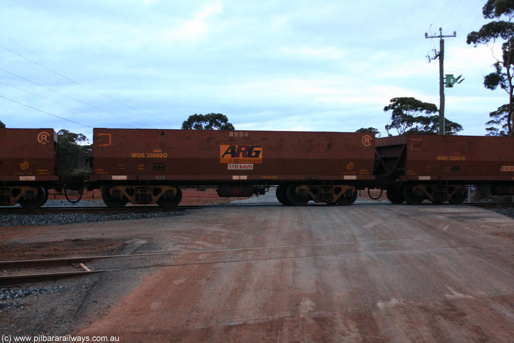 100822 6286
WOE type iron ore waggon WOE 33502 is one of a batch of one hundred and twenty eight built by United Group Rail WA between August 2008 and March 2009 with serial number 950211-042 and fleet number 8994 for Koolyanobbing iron ore operations with ARG decal, on empty train 1416 at Hampton, 22nd August 2010.
Keywords: WOE-type;WOE33502;United-Group-Rail-WA;950211-042;