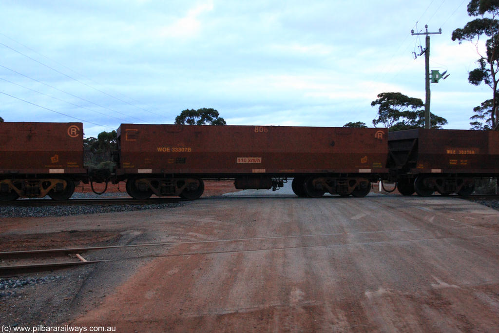 100822 6287
WOE type iron ore waggon WOE 33307 is one of a batch of one hundred and forty one built by United Goninan WA between November 2005 and April 2006 with serial number 950142-012 and fleet number 806 for Koolyanobbing iron ore operations, on empty train 1416 at Hampton, 22nd August 2010.
Keywords: WOE-type;WOE33307;United-Goninan-WA;950142-012;
