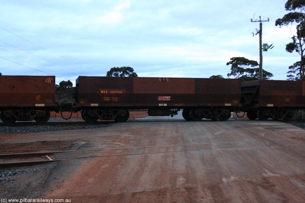 100822 6288
WOE type iron ore waggon WOE 30276 is one of a batch of one hundred and thirty built by Goninan WA between March and August 2001 with serial number 950092-026 and fleet number 619 for Koolyanobbing iron ore operations, on empty train 1416 at Hampton, 22nd August 2010.
Keywords: WOE-type;WOE30276;Goninan-WA;950092-026;