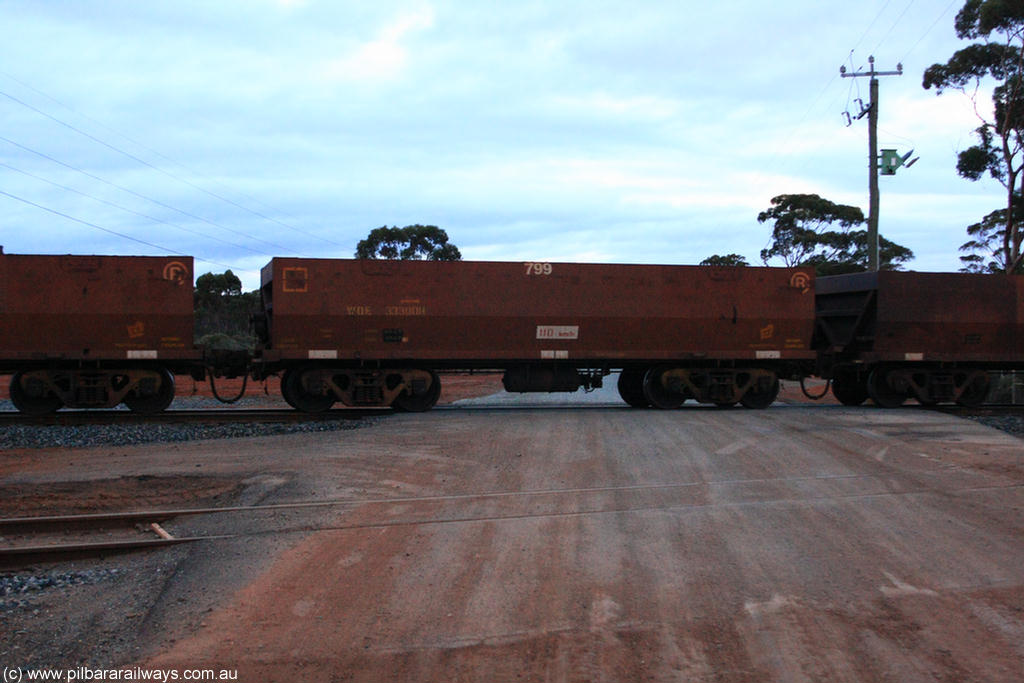 100822 6291
WOE type iron ore waggon WOE 33300 is one of a batch of one hundred and forty one built by United Goninan WA between November 2005 and April 2006 with serial number 950142-005 and fleet number 799 for Koolyanobbing iron ore operations, on empty train 1416 at Hampton, 22nd August 2010.
Keywords: WOE-type;WOE33300;United-Goninan-WA;950142-005;