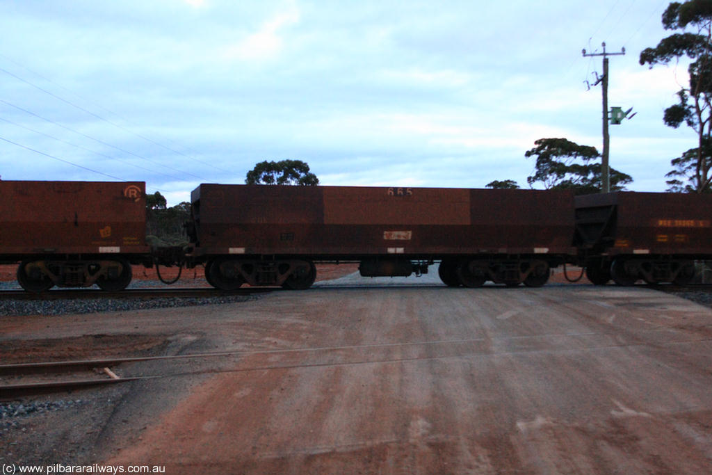 100822 6292
WOE type iron ore waggon WOE 31080 is one of a batch of one hundred and thirty built by Goninan WA between March and August 2001 with serial number 950092-070 and fleet number 665 for Koolyanobbing iron ore operations, on empty train 1416 at Hampton, 22nd August 2010.
Keywords: WOE-type;WOE31080;Goninan-WA;950092-070;