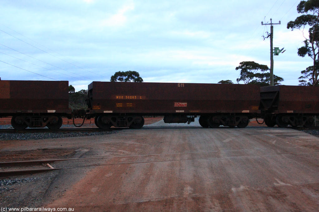 100822 6293
WOE type iron ore waggon WOE 30263 is one of a batch of one hundred and thirty built by Goninan WA between March and August 2001 with serial number 950092-013 and fleet number 611 for Koolyanobbing iron ore operations of 83 tonne load capacity, on empty train 1416 at Hampton, 22nd August 2010.
Keywords: WOE-type;WOE30263;Goninan-WA;950092-013;