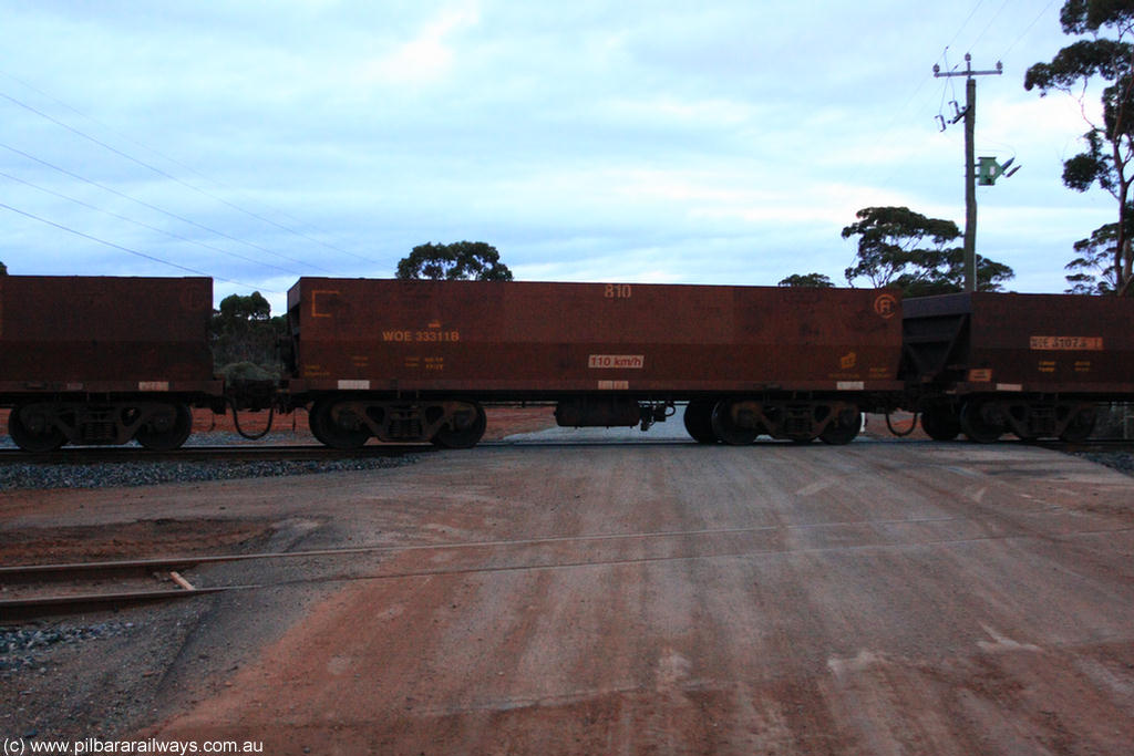 100822 6295
WOE type iron ore waggon WOE 33311 is one of a batch of one hundred and forty one built by United Goninan WA between November 2005 and April 2006 with serial number 950142-016 and fleet number 810 for Koolyanobbing iron ore operations, on empty train 1416 at Hampton, 22nd August 2010.
Keywords: WOE-type;WOE33311;United-Goninan-WA;950142-016;
