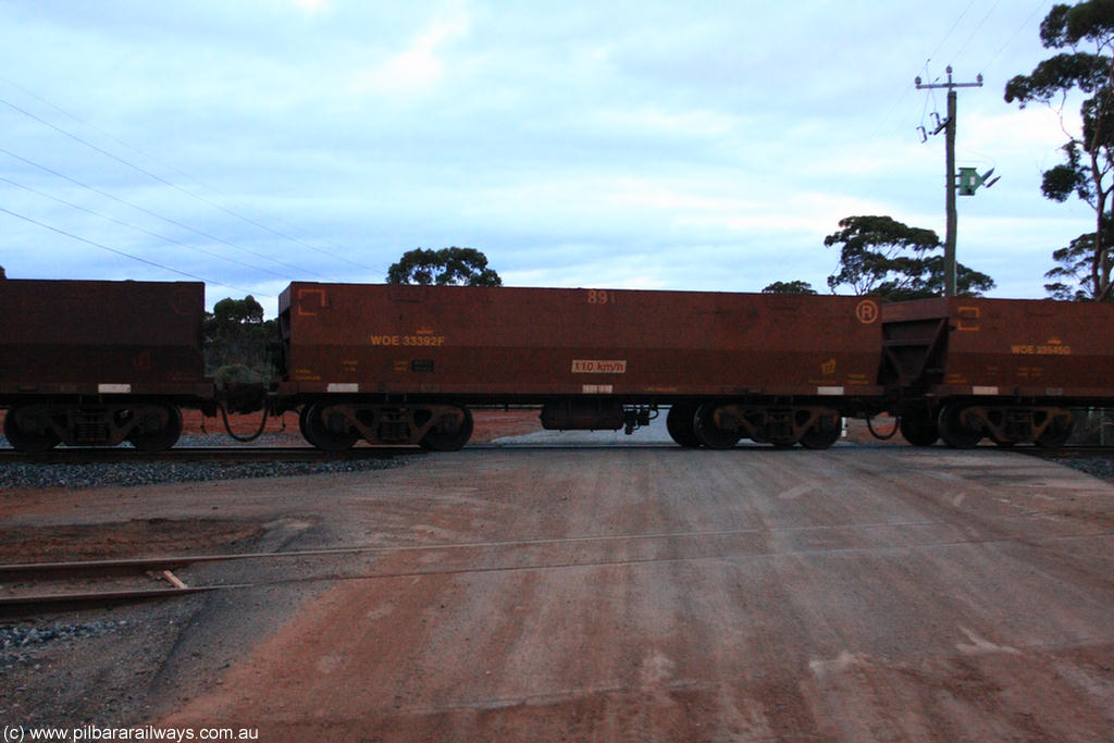 100822 6298
WOE type iron ore waggon WOE 33392 is one of a batch of one hundred and forty one built by United Group Rail WA between November 2005 and April 2006 with serial number 950142-097 and fleet number 891 for Koolyanobbing iron ore operations, on empty train 1416 at Hampton, 22nd August 2010.
Keywords: WOE-type;WOE33392;United-Group-Rail-WA;950142-097;