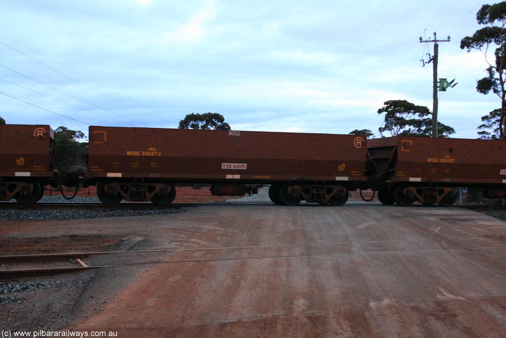 100822 6301
WOE type iron ore waggon WOE 33557 is one of a batch of one hundred and twenty eight built by United Group Rail WA between August 2008 and March 2009 with serial number 950211-097 and fleet number 9052 for Koolyanobbing iron ore operations, on empty train 1416 at Hampton, 22nd August 2010.
Keywords: WOE-type;WOE33557;United-Group-Rail-WA;950211-097;