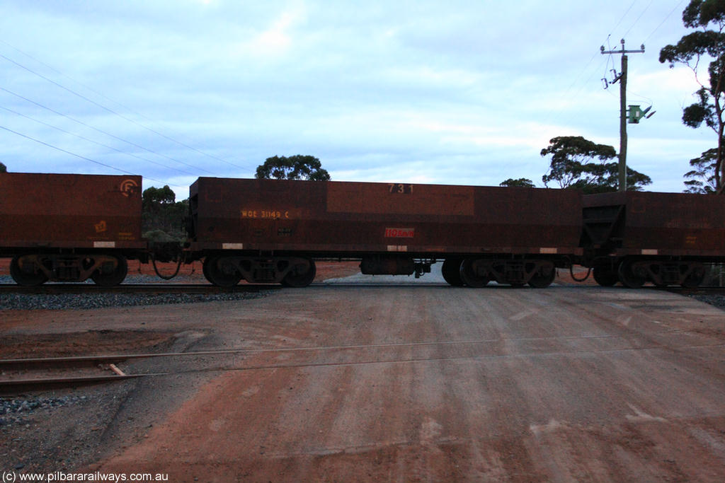 100822 6308
WOE type iron ore waggon WOE 31149 is one of a batch of fifteen built by Goninan WA between April and May 2002 with fleet number 731 for Koolyanobbing iron ore operations, on empty train 1416 at Hampton, 22nd August 2010.
Keywords: WOE-type;WOE31149;Goninan-WA;