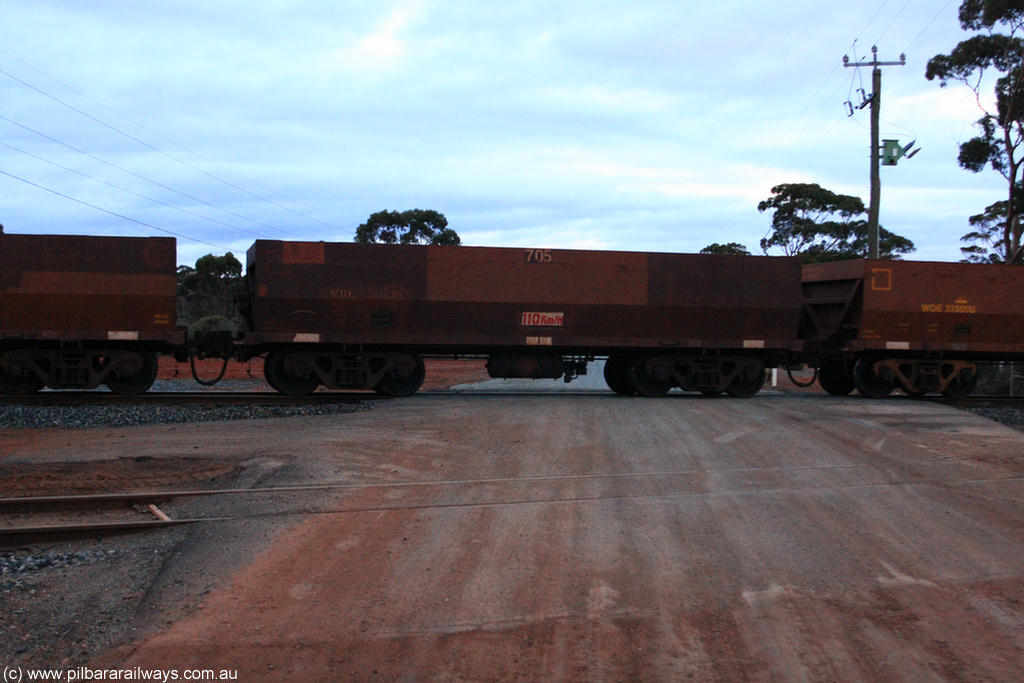 100822 6310
WOE type iron ore waggon WOE 31123 is one of a batch of one hundred and thirty built by Goninan WA between March and August 2001 with serial number 950092-113 and fleet number 705 for Koolyanobbing iron ore operations, on empty train 1416 at Hampton, 22nd August 2010.
Keywords: WOE-type;WOE31123;Goninan-WA;950092-113;