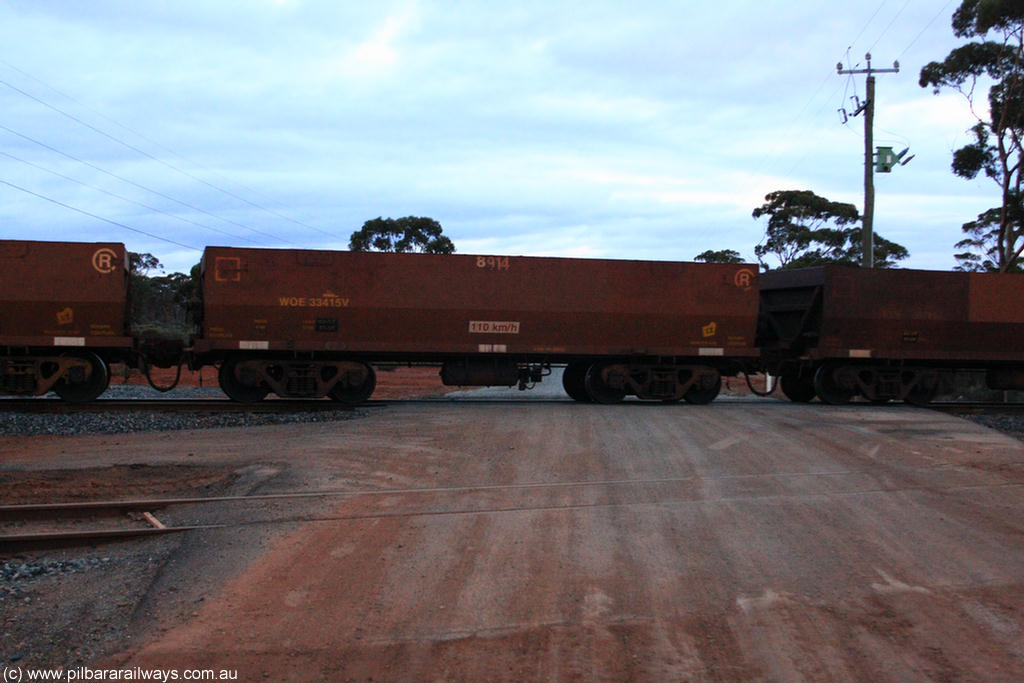 100822 6312
WOE type iron ore waggon WOE 33415 is one of a batch of one hundred and forty one built by United Group Rail WA between November 2005 and April 2006 with serial number 950142-120 and fleet number 8914 for Koolyanobbing iron ore operations, on empty train 1416 at Hampton, 22nd August 2010.
Keywords: WOE-type;WOE33415;United-Group-Rail-WA;950142-120;