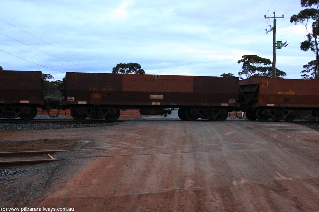 100822 6314
WOE type iron ore waggon WOE 31121 is one of a batch of one hundred and thirty built by Goninan WA between March and August 2001 with serial number 950092-111 and fleet number 703 for Koolyanobbing iron ore operations, on empty train 1416 at Hampton, 22nd August 2010.
Keywords: WOE-type;WOE31121;Goninan-WA;950092-111;