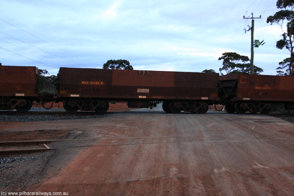 100822 6317
WOE type iron ore waggon WOE 31139 is one of a batch of one hundred and thirty built by Goninan WA between March and August 2001 with serial number 950092-129 and fleet number 721 for Koolyanobbing iron ore operations, on empty train 1416 at Hampton, 22nd August 2010.
Keywords: WOE-type;WOE31139;Goninan-WA;950092-129;