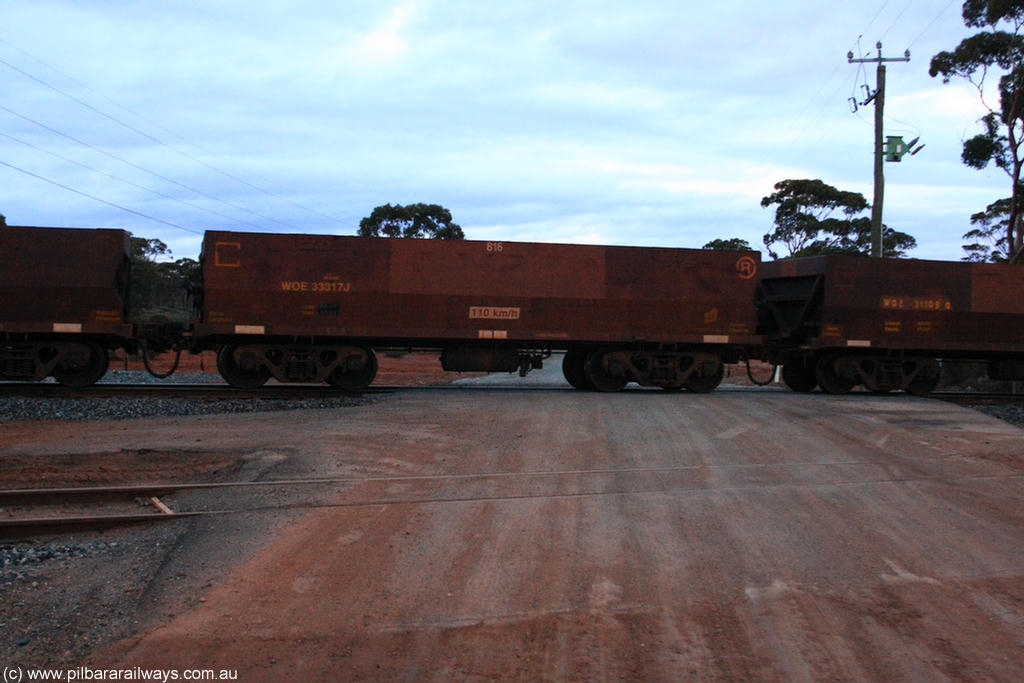 100822 6318
WOE type iron ore waggon WOE 33317 is one of a batch of one hundred and forty one built by United Goninan WA between November 2005 and April 2006 with serial number 950142-022 and fleet number 816 for Koolyanobbing iron ore operations, on empty train 1416 at Hampton, 22nd August 2010.
Keywords: WOE-type;WOE33317;United-Goninan-WA;950142-022;