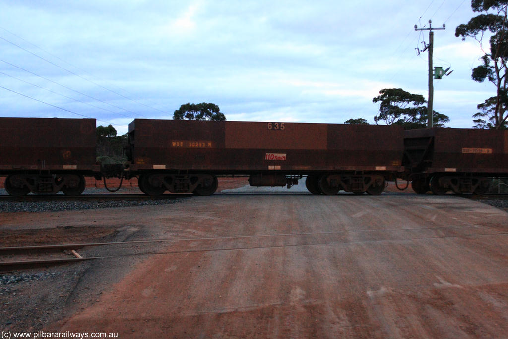 100822 6321
WOE type iron ore waggon WOE 30293 is one of a batch of one hundred and thirty built by Goninan WA between March and August 2001 with serial number 950092-043 and fleet number 635 for Koolyanobbing iron ore operations, on empty train 1416 at Hampton, 22nd August 2010.
Keywords: WOE-type;WOE30293;Goninan-WA;950092-043;