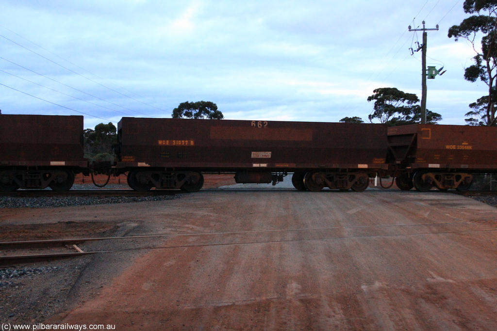 100822 6323
WOE type iron ore waggon WOE 31077 is one of a batch of one hundred and thirty built by Goninan WA between March and August 2001 with serial number 950092-067 and fleet number 662 for Koolyanobbing iron ore operations, on empty train 1416 at Hampton, 22nd August 2010.
Keywords: WOE-type;WOE31077;Goninan-WA;950092-067;