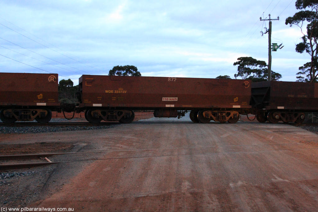 100822 6325
WOE type iron ore waggon WOE 33373 is one of a batch of one hundred and forty one built by United Goninan WA between November 2005 and April 2006 with serial number 950142-078 and fleet number 872 for Koolyanobbing iron ore operations, on empty train 1416 at Hampton, 22nd August 2010.
Keywords: WOE-type;WOE33373;United-Goninan-WA;950142-078;