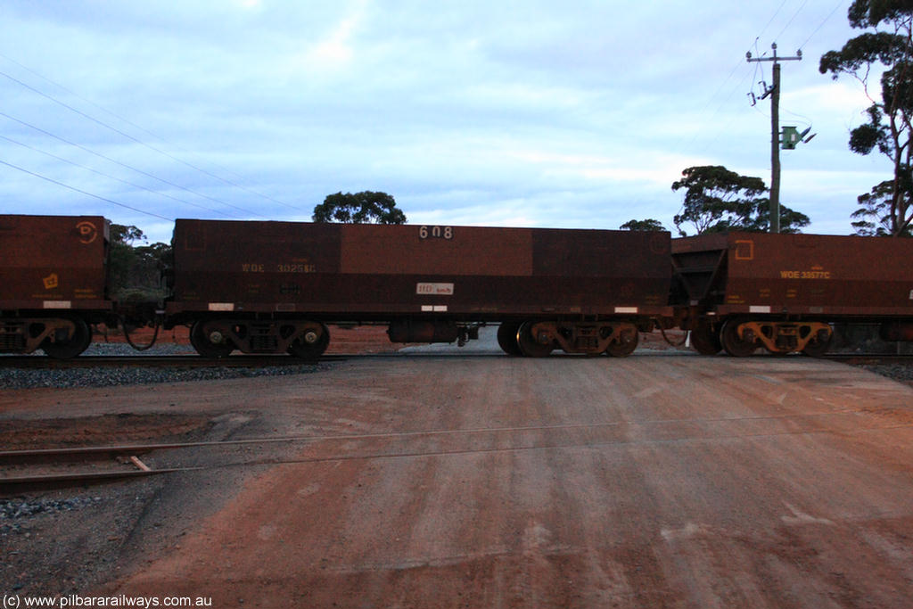 100822 6326
WOE type iron ore waggon WOE 30258 is one of a batch of one hundred and thirty built by Goninan WA between March and August 2001 with serial number 950092-008 and fleet number 608 for Koolyanobbing iron ore operations of 83 tonne load capacity, on empty train 1416 at Hampton, 22nd August 2010.
Keywords: WOE-type;WOE30258;Goninan-WA;950092-008;