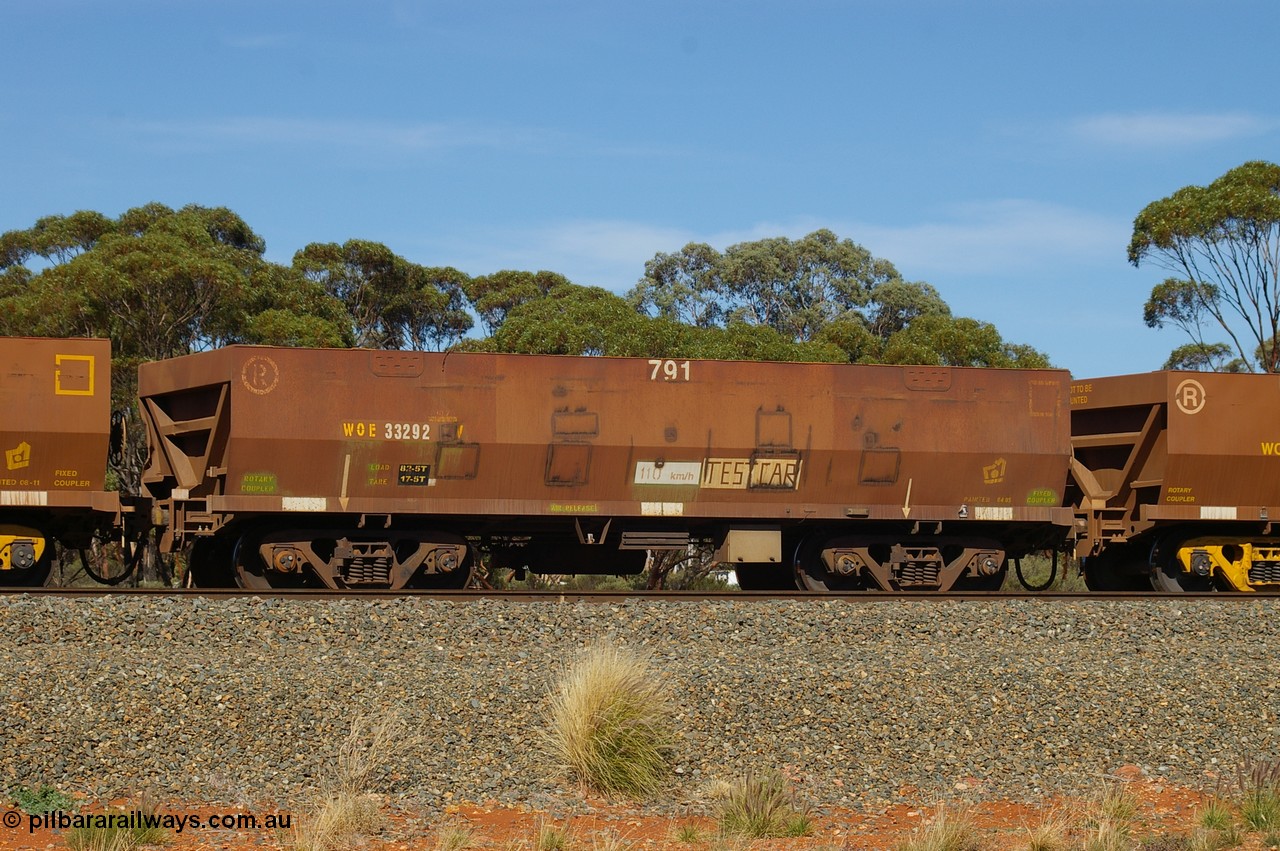 PD 10240
Binduli, WOE type iron ore waggon WOE 33292, fleet number 791, set up as a test car, and build date of 04/2005 with a revised load of 82.5 tonnes, is a United Goninan build of the current style of 83 tonne load capacity WOE class waggon built for Koolyanobbing iron ore train service with PORTMAN painted out, 20th May 2012.
Keywords: Peter-D-Image;WOE-type;WOE33292;test-car;United-Goninan-WA;950104-032;