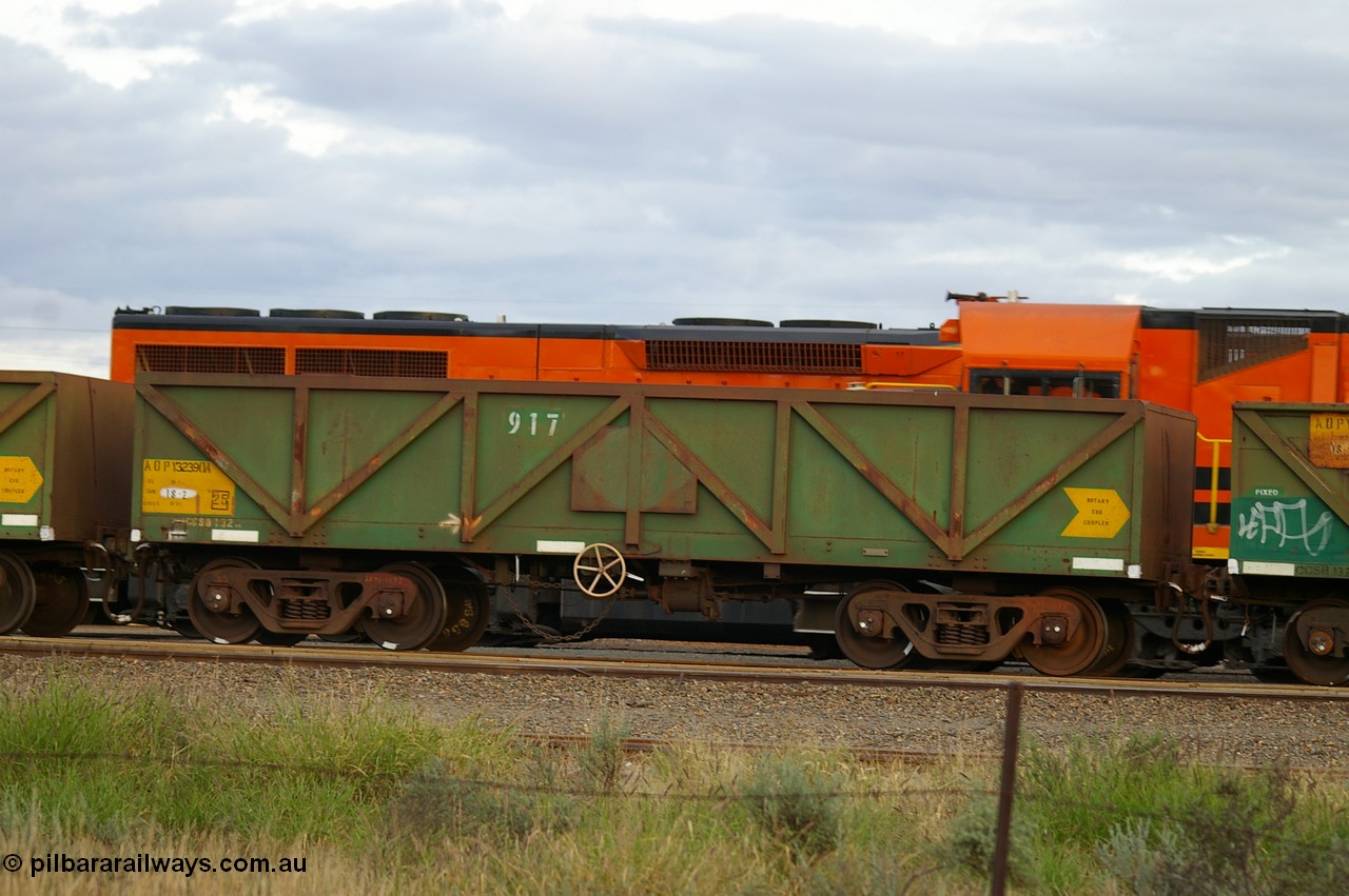 PD 12852
West Kalgoorlie, AOPY 32390 with fleet number 917, one of seventy ex ANR coal waggons rebuilt from AOKF type by Bluebird Engineering SA in service with ARG on Koolyanobbing iron ore trains. They used to be three metres longer and originally built by Metropolitan Cammell Britain as GB type in 1952-55.
Keywords: Peter-D-Image;AOPY-type;AOPY32390;Bluebird-Engineering-SA;Metropolitan-Cammell-Britain;GB-type;