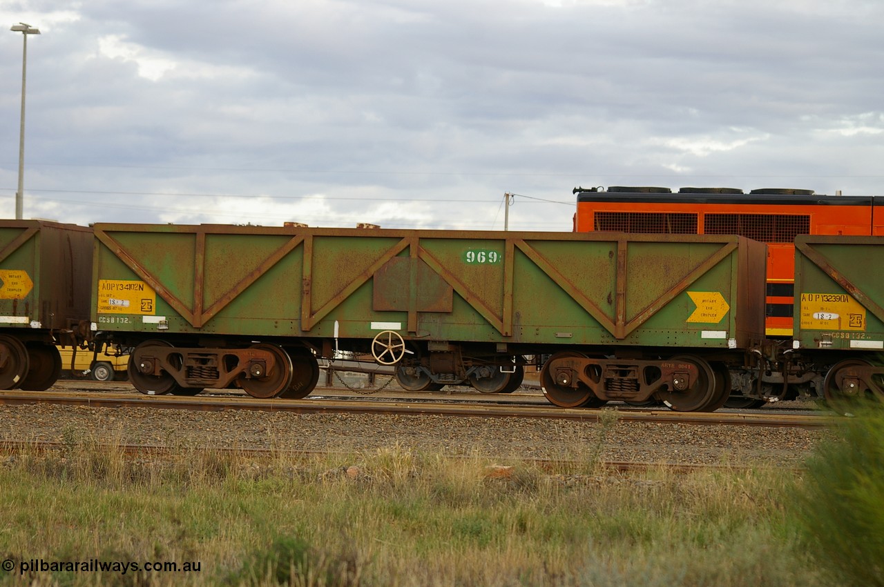 PD 12853
West Kalgoorlie, AOPY 34102 with fleet number 969, the last of seventy ex ANR coal waggons rebuilt from AOKF type by Bluebird Engineering SA in service with ARG on Koolyanobbing iron ore trains. They used to be three metres longer and originally built by Metropolitan Cammell Britain as GB type in 1952-55.
Keywords: Peter-D-Image;AOPY-type;AOPY34102;Bluebird-Engineering-SA;Metropolitan-Cammell-Britain;GB-type;