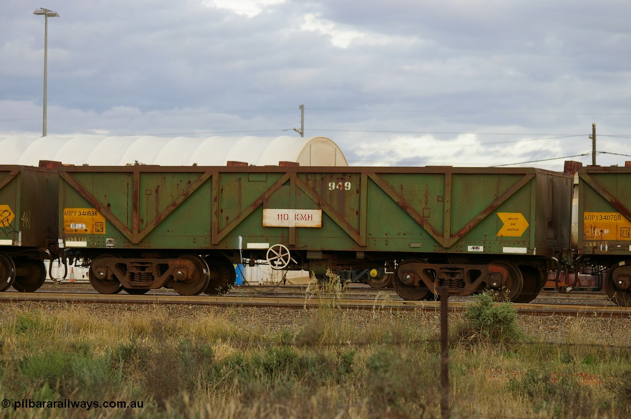 PD 12856
West Kalgoorlie, AOPY 34083 with fleet number 949, one of seventy ex ANR coal waggons rebuilt from AOKF type by Bluebird Engineering SA in service with ARG on Koolyanobbing iron ore trains. They used to be three metres longer and originally built by Metropolitan Cammell Britain as GB type in 1952-55.
Keywords: Peter-D-Image;AOPY-type;AOPY34083;Bluebird-Engineering-SA;Metropolitan-Cammell-Britain;GB-type;