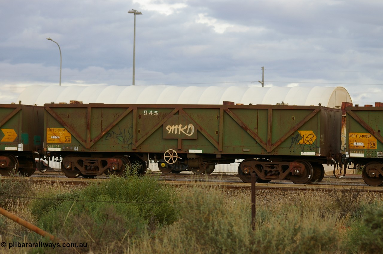 PD 12857
West Kalgoorlie, AOPY 34079 with fleet number 945, one of seventy ex ANR coal waggons rebuilt from AOKF type by Bluebird Engineering SA in service with ARG on Koolyanobbing iron ore trains. They used to be three metres longer and originally built by Metropolitan Cammell Britain as GB type in 1952-55.
Keywords: Peter-D-Image;AOPY-type;AOPY34079;Bluebird-Engineering-SA;Metropolitan-Cammell-Britain;GB-type;