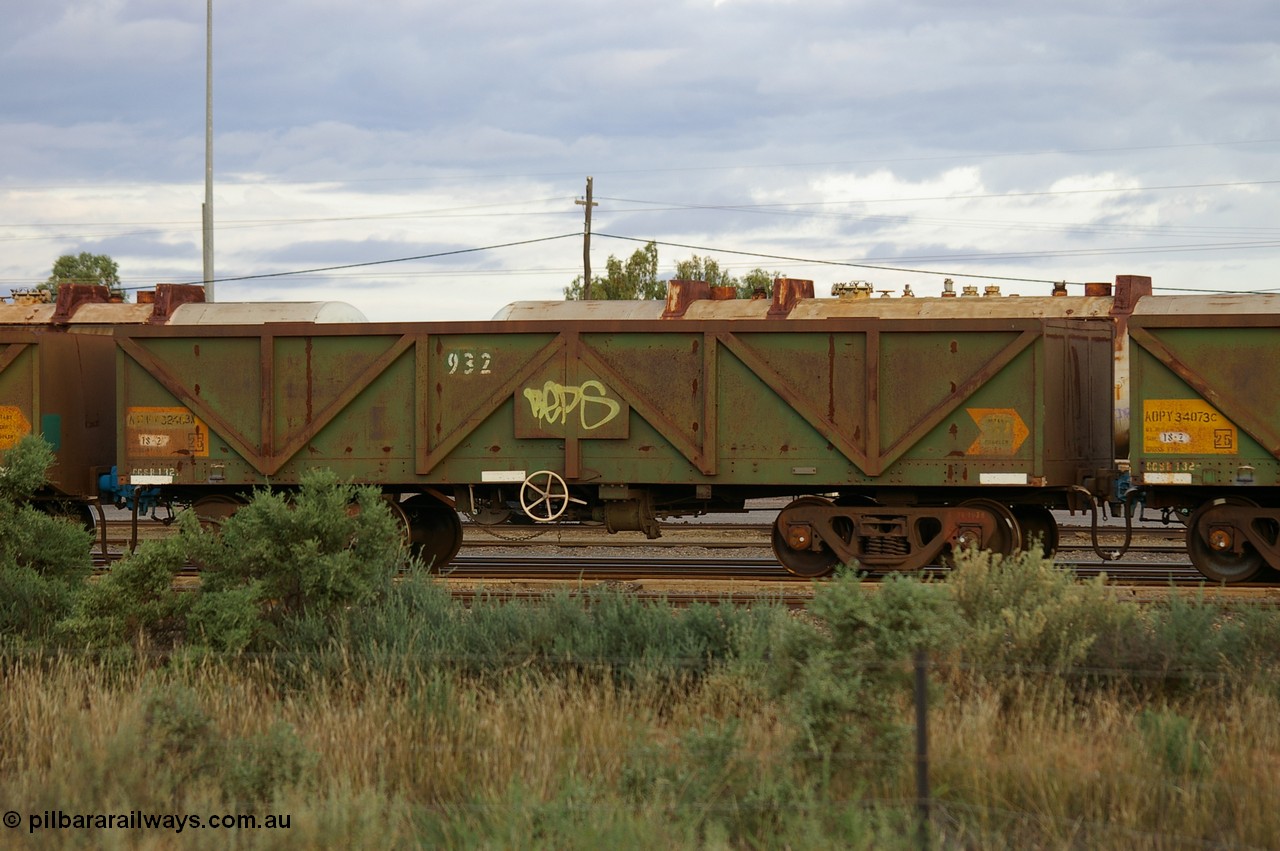 PD 12860
West Kalgoorlie, AOPY 32403 with fleet number 932, one of seventy ex ANR coal waggons rebuilt from AOKF type by Bluebird Engineering SA in service with ARG on Koolyanobbing iron ore trains. They used to be three metres longer and originally built by Metropolitan Cammell Britain as GB type in 1952-55.
Keywords: Peter-D-Image;AOPY-type;AOPY32403;Bluebird-Engineering-SA;Metropolitan-Cammell-Britain;GB-type;