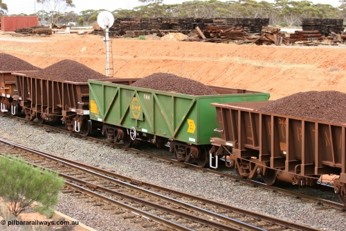 060116 2677
West Kalgoorlie, AOPY 32382 with black and white fleet number of 904, one of seventy ex ANR coal waggons rebuilt from AOKF type by Bluebird Engineering SA in service with ARG on Koolyanobbing iron ore trains. They used to be three metres longer and originally built by Metropolitan Cammell Britain as GB type in 1952-55, 16th January 2006.
Keywords: AOPY-type;AOPY32382;Bluebird-Engineering-SA;Metropolitan-Cammell-Britain;GB-type;