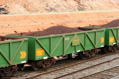 060116 2684
West Kalgoorlie, AOPY 32408 with fleet number 937, one of seventy ex ANR coal waggons rebuilt from AOKF type by Bluebird Engineering SA in service with ARG on Koolyanobbing iron ore trains. They used to be three metres longer and originally built by Metropolitan Cammell Britain as GB type in 1952-55, January 16, 2006.
Keywords: AOPY-type;AOPY32408;Bluebird-Engineering-SA;Metropolitan-Cammell-Britain;GB-type;