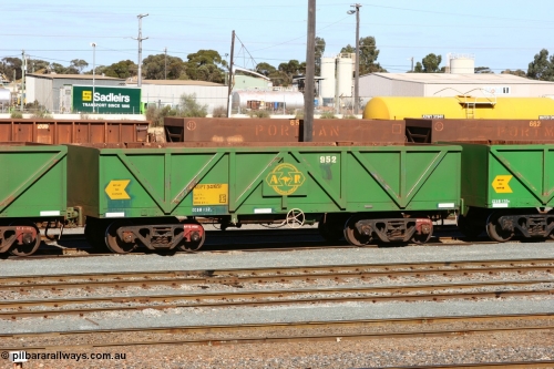 060528 4425
West Kalgoorlie, AOPY 34085, fleet number 952, one of seventy ex ANR coal waggons rebuilt from AOKF type by Bluebird Engineering SA in service with ARG on Koolyanobbing iron ore trains. They used to be three metres longer and originally built by Metropolitan Cammell Britain as GB type in 1952-55, May 28, 2006.
Keywords: AOPY-type;AOPY34085;Bluebird-Engineering-SA;Metropolitan-Cammell-Britain;GB-type;