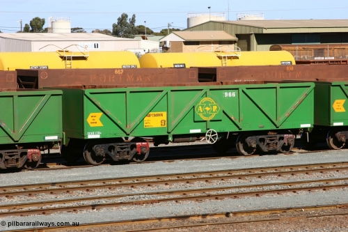 060528 4426
West Kalgoorlie, AOPY 34100, fleet number 966, one of seventy ex ANR coal waggons rebuilt from AOKF type by Bluebird Engineering SA in service with ARG on Koolyanobbing iron ore trains. They used to be three metres longer and originally built by Metropolitan Cammell Britain as GB type in 1952-55, May 28, 2006.
Keywords: AOPY-type;AOPY34100;Bluebird-Engineering-SA;Metropolitan-Cammell-Britain;GB-type;